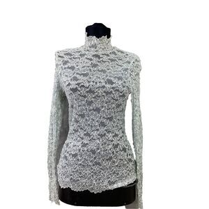 Lew Magram Lace Mesh High Neck VTG. blouse top Women S Silver Victorian sparkly